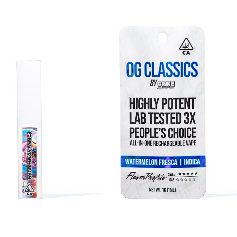 Watermelon Fresca Indica disposable vape by Cake featuring potent cannabis oil and sleek packaging.