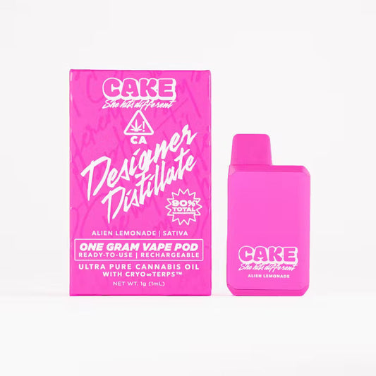 Bright pink CA Designer Distillate Alien Lemonade sativa vape pod and box with 90% total THC.