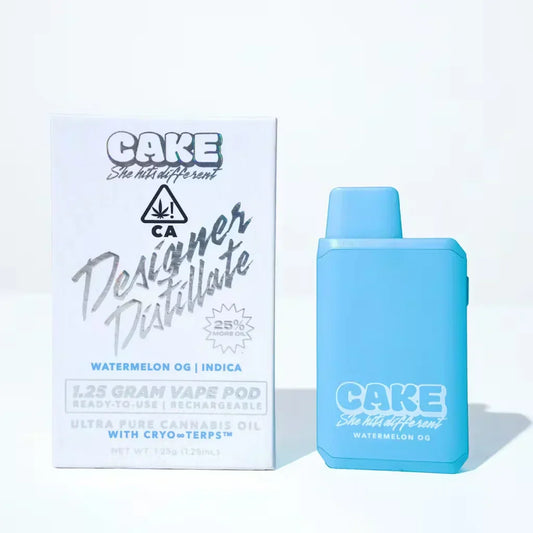 Watermelon OG 1.25g indica vape cartridge with thick designer distillate oil from Cake, prone to clogging in cold.
