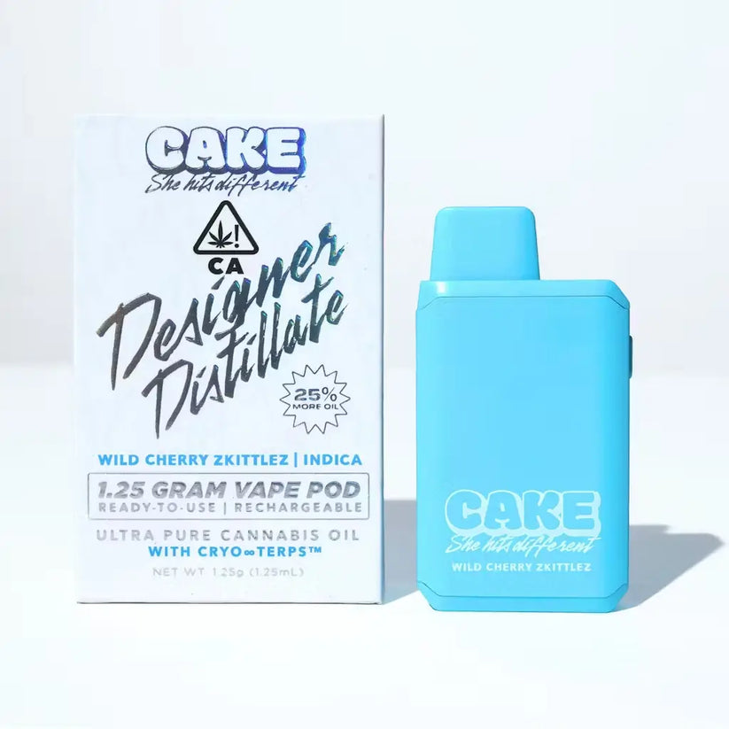 Wild Cherry Zkittlez indica designer distillate 1.25g by Cake, known for berry-forward flavor perfect for low-temp dabbing.